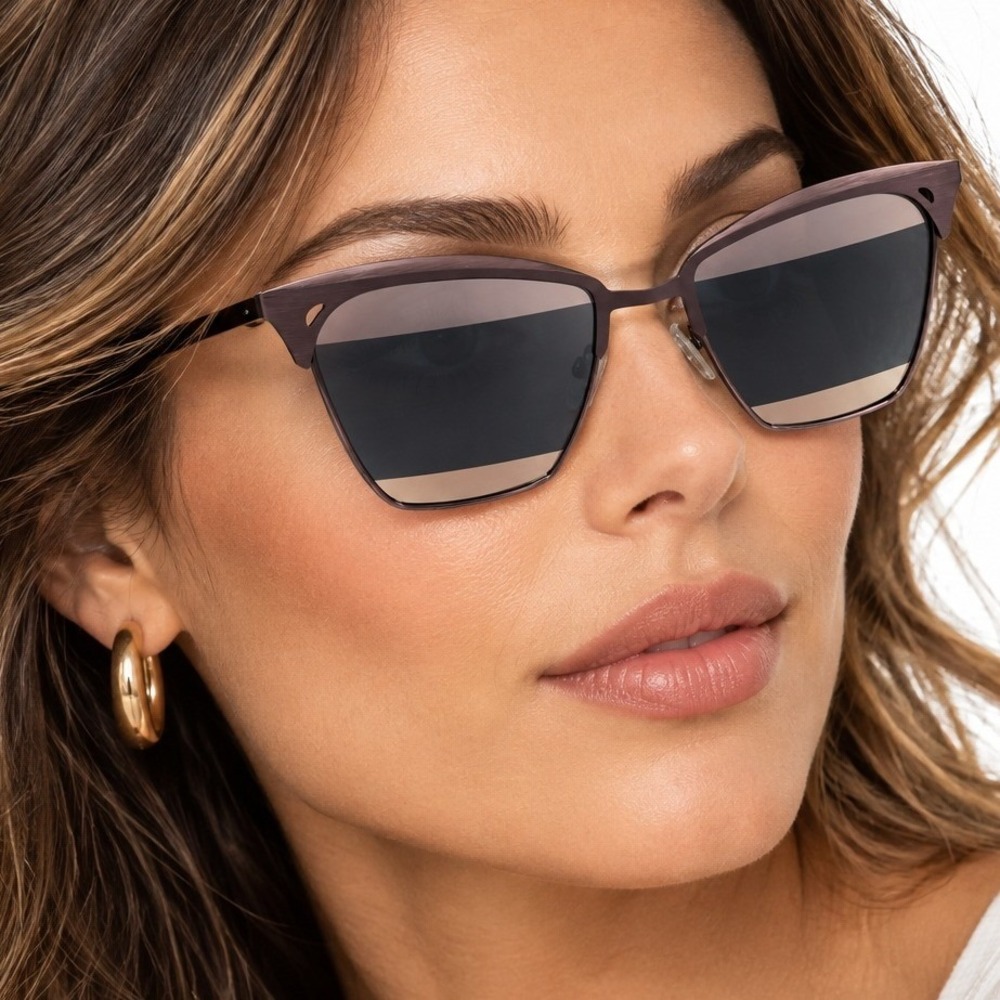 SEE 1536 Cat Eye Sunglasses Made in Italy Dark Metallic Two Tone Mirror Lens C4